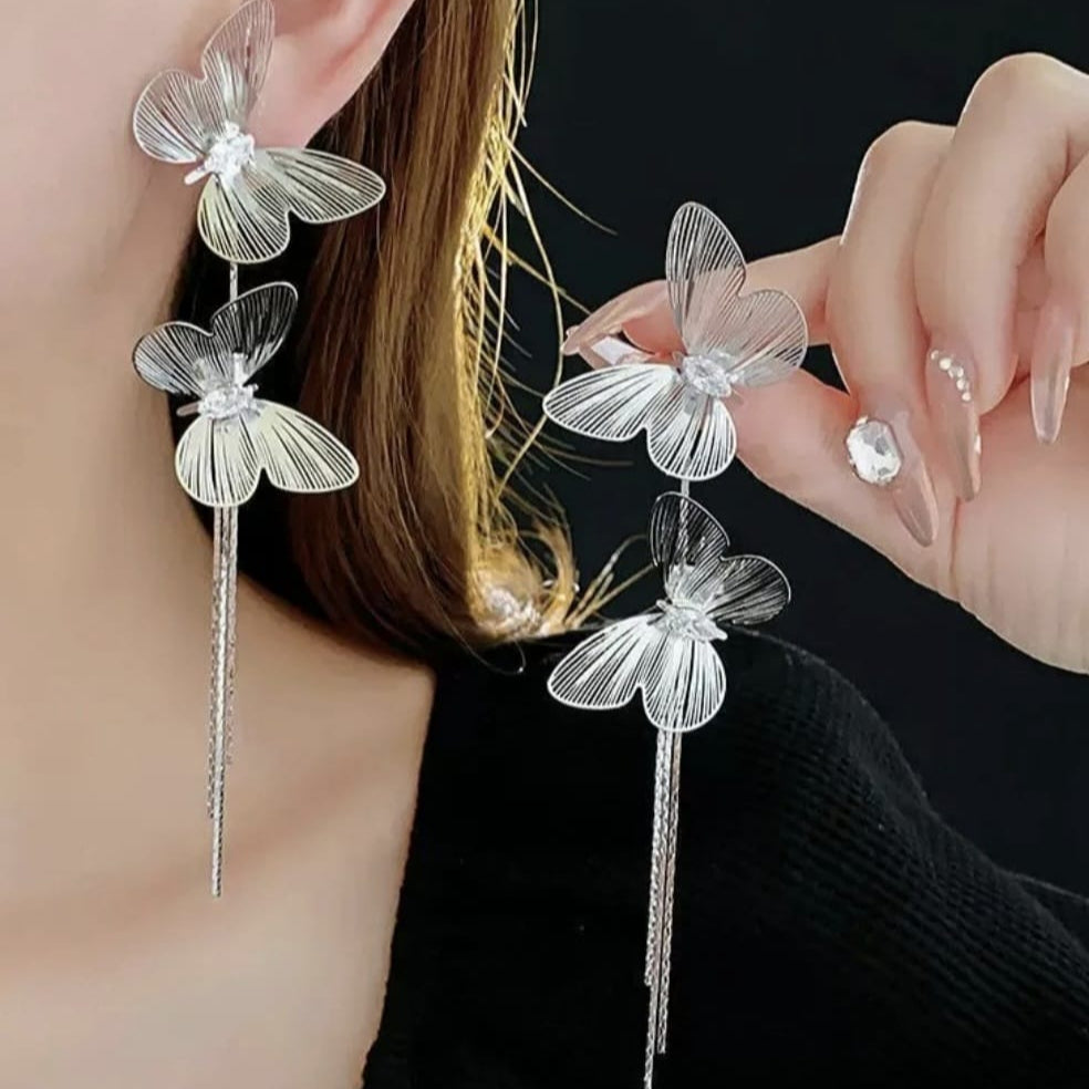 Silver Butterfly Drape Earrings