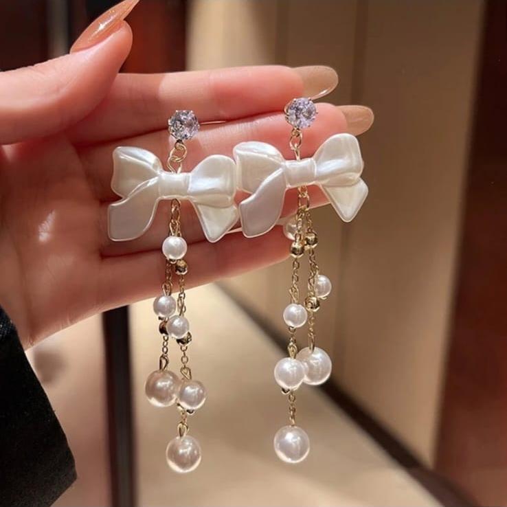 Bow Pearl Tassel Long Earring