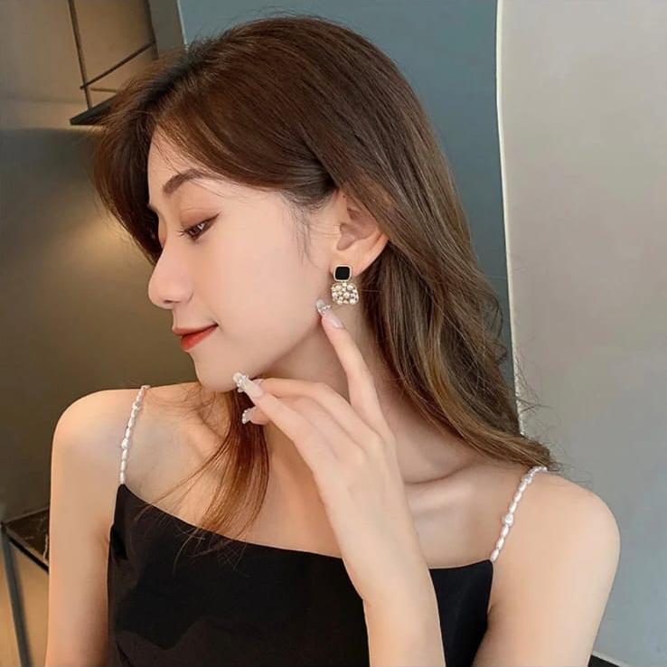Square Faux Pearl Zircon Stud Earring