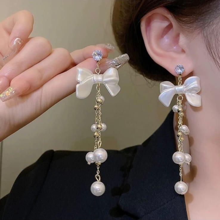 Bow Pearl Tassel Long Earring